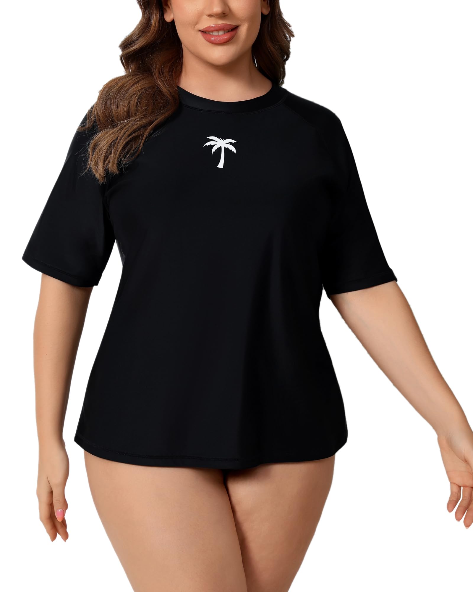 Halcurt Women's Plus Size Rash Guard Short Sleeve Swim Shirt with Built in Bra UPF50+ Sun Protection Swimsuit Top