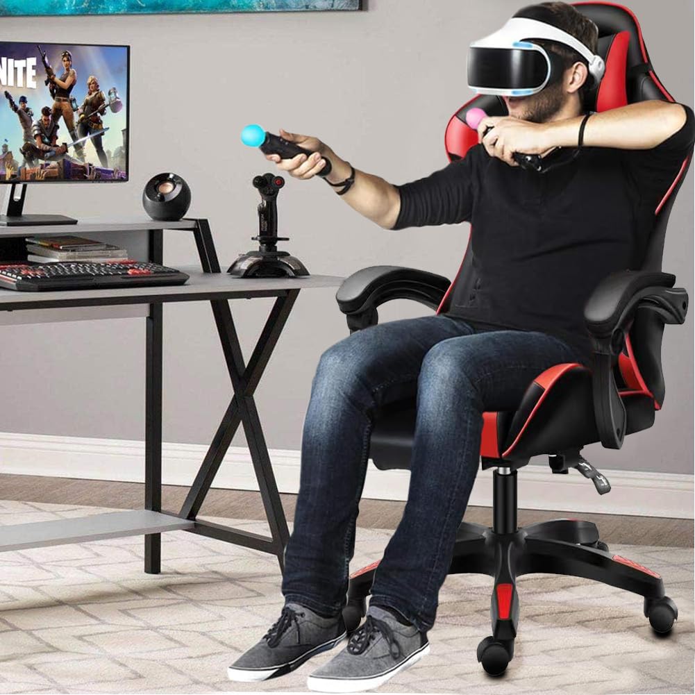 BAKAJI Sedia Poltrona Gaming Scrivana Ufficio Casa in Ecopelle Schienale Reclinabile Cuscino Lombare Poggiatesta Rotazione 360 Gradi Direzionale Altezza Regolabile Base 5 Ruote (Nero e Rosso)