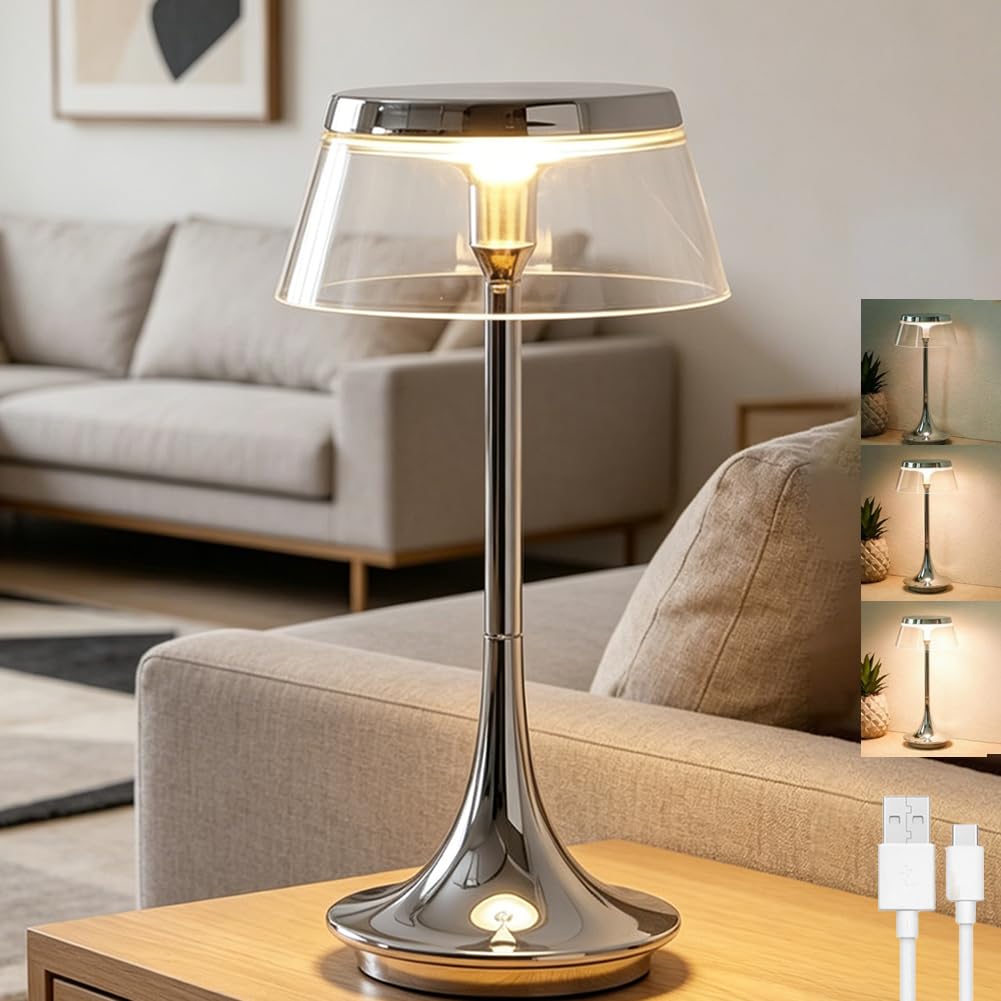 LED Tischlampe Pilz Kabellos Akku Pilzlampe Dimmbar Touch Control Tischleuchte USB Aufladbar Batteriebetrieben Pilzlampe Innen und Außen Tragbare Mushroom Lampe Chrom Nachttischlampe,Silber