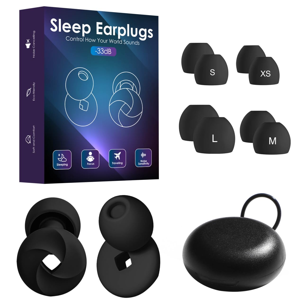 Ear Plugs for Sleep - 33dB Noise Cancelling – Super Soft, Reusable Hearing Protection in Flexible Silicone for Noise Reduction & Flights - 8 Ear Tips in XS/S/M/L - Black, Extra Small