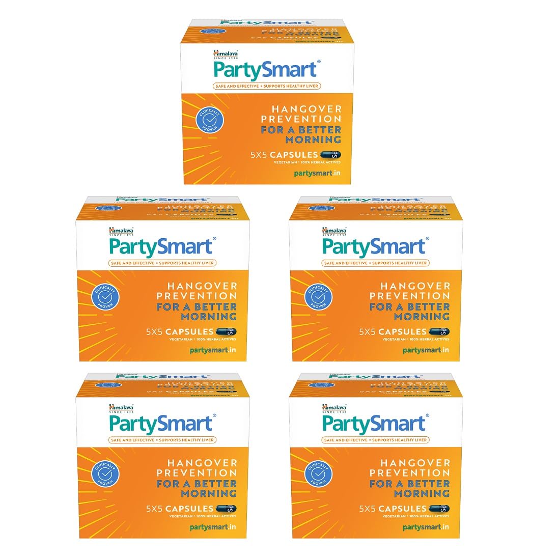 Himalaya PartySmart, 25 capsules |Prevents hangover & helps support liver. Herbal solution, safe, effective & clinically proven (Pack of 5)