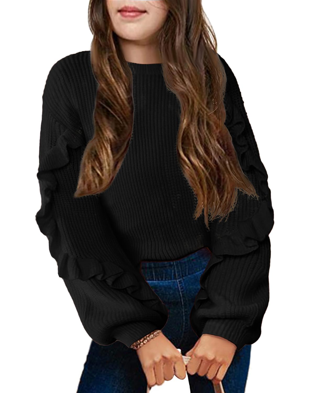 Arshiner Girls Long Lantern Sleeve Sweaters Crew Neck Knit Pullover Jumper Top
