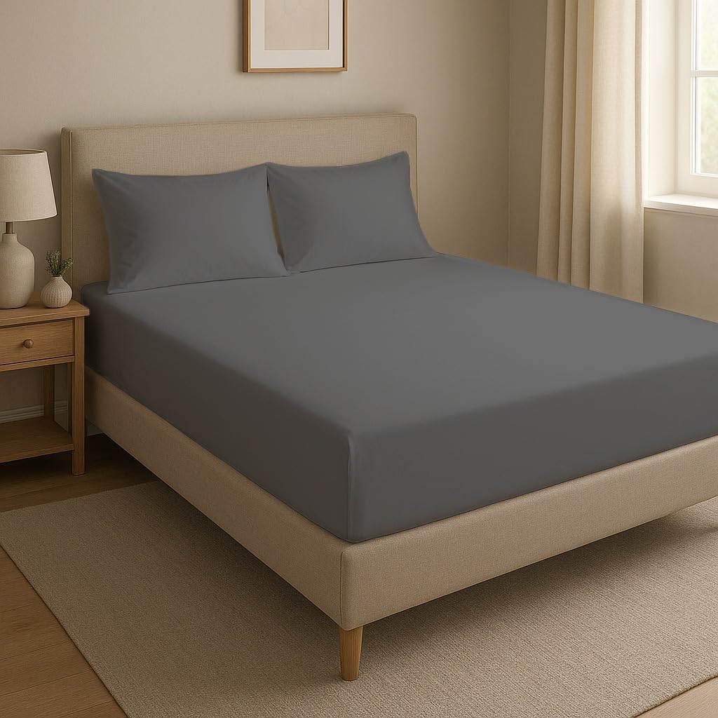 Novexa 3 Piece 100% Egyptian Cotton Single Fitted Sheets & 2 Pillowcase 400 Thread Count 40cm Deep Bed Sheet Wrinkle Resistant Hotel Quality Grey Fitted Bedsheets