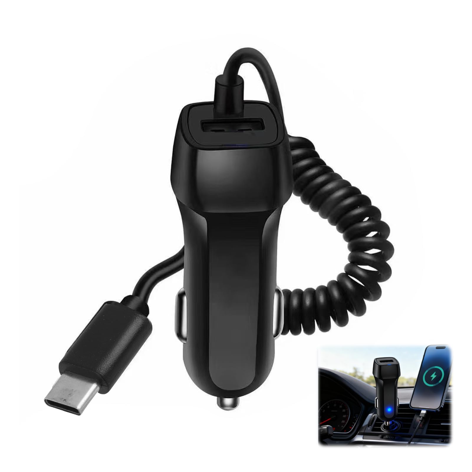 1M Carica Batteria per Auto Cellulare, Cavo di Ricarica Auto Universale USB Tipo-C, Caricatore da Auto a 2 Porte, Compatibile per 16, 16e, 15, 15 Pro e Pro Max, Cavo Dati 3.1A, Nero