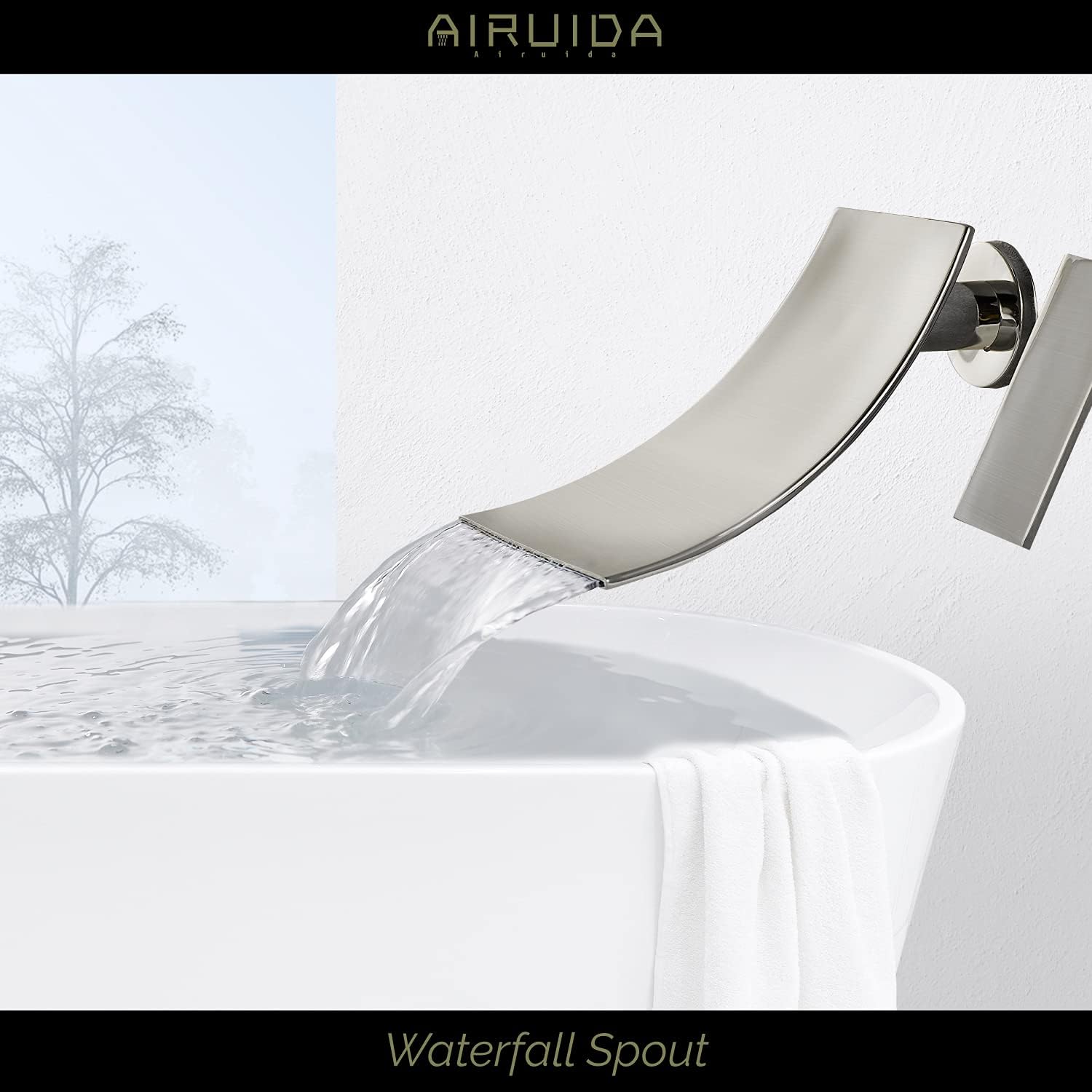 Airuida Wall Mount Bathtub Faucet, Tub Filler with Waterfall Tub Spout, Single Handle Bathroom Mixer Shower Faucet Set with 8 Inch Rainfall Square Showerhead and Tub Spout Bathtub Faucet Kit Shower Tu