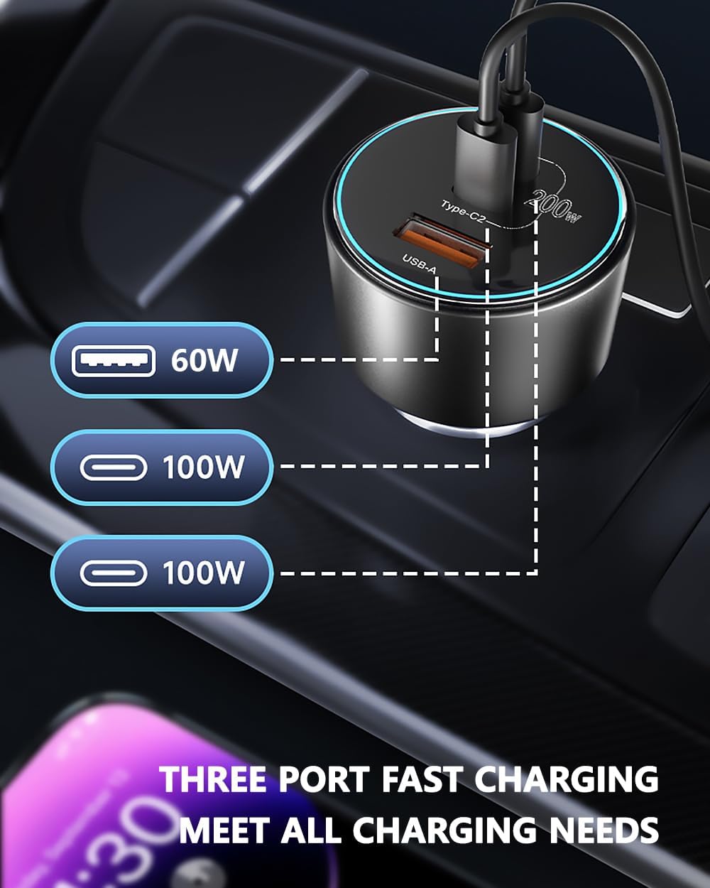 200W Car Charger, USB C Car Charger PD3.0 QC4.0 PPS Fast Charging Car Adapter with 2 100W USB C Cable 3 Port Type C Cigarette Lighter for Dell XPS, MacBook, iPhone 16 15 14, Galaxy S24 Ultra, iPad Pro