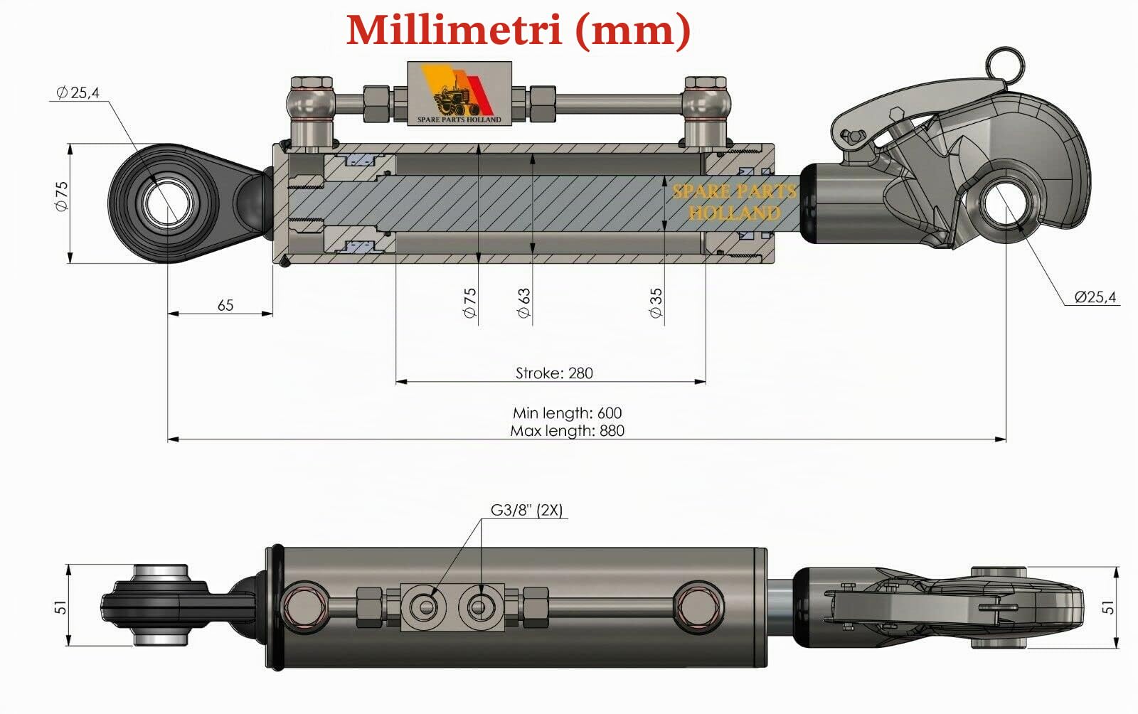 Terzo punto idraulico per trattore CAT2 + 2 ganci di bloccaggio 280 mm Corsa Bloccaggio completo di tubi e nippli