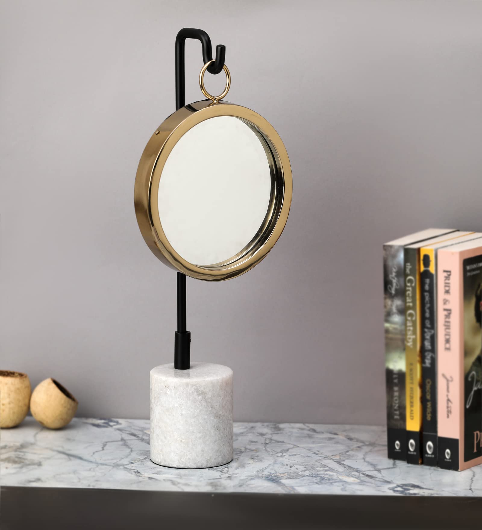 Decor de Maison Brings Handcrafted Floating Marble Mirror with Marble Stand |Tabletop Shaving & Makeup Vanity Mirror|asthetic Decor Table Mirror|Small Table Mirror with Stand in Gold (16x8x39cm)-picture-14