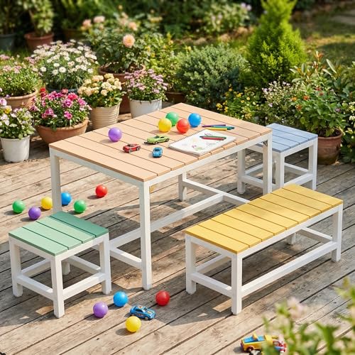 MAMIZO Table pour Enfant Exterieur, Table et chaises en Bois avec Housse étanche, 2 PCS tabourets,...