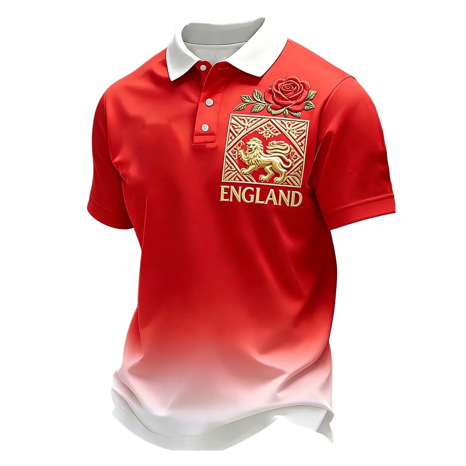 Men's England Football Shirt 2026 Short Sleeve Collared Polo Shirts Football Jersey Lightweight Breathable Stretch Athletic Tshirts Lion Themed England Polo Shirts for Men (019-Red, 4XL)
