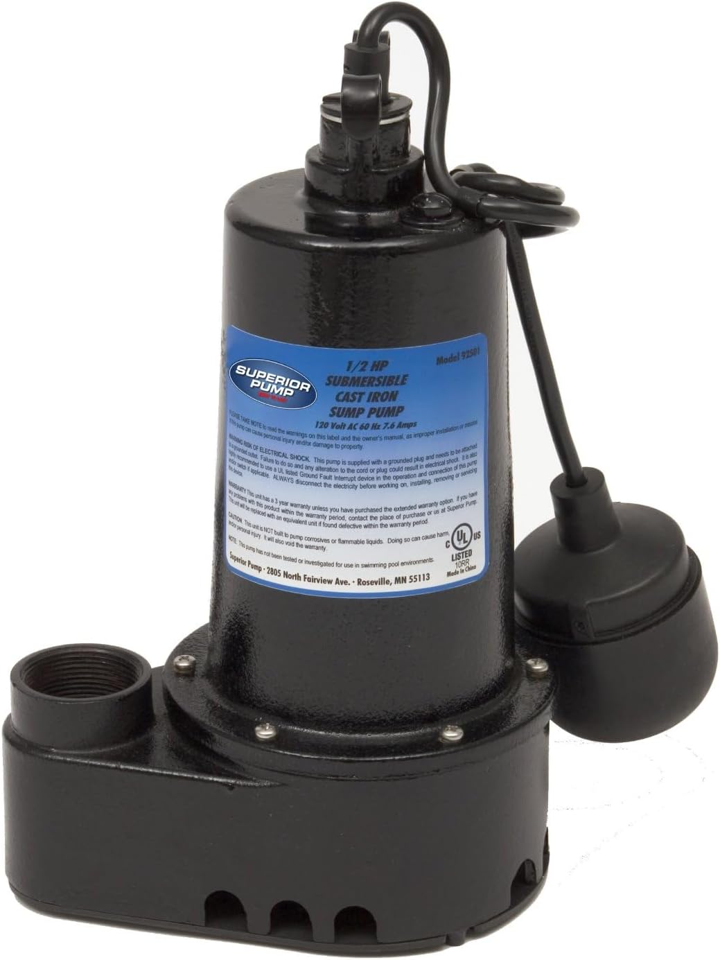 Superior Pump 92501 1/2 HP Cast Iron Submersible Sump Pump with Tethered Float Switch