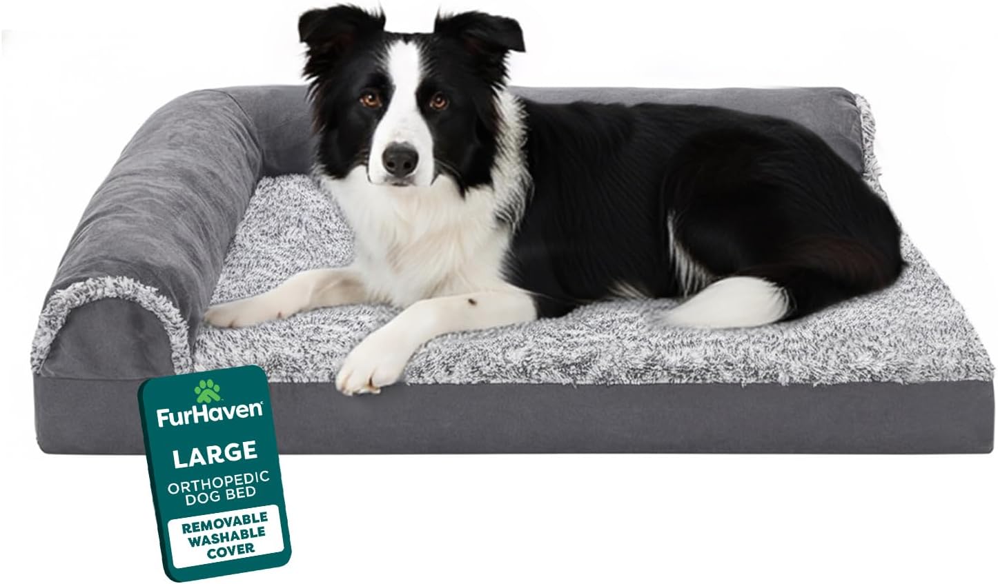 FurHaven Orthopedic Dog Bed for Large Dogs, L-Shaped Chaise Contour with Orthopedic Egg Crate & a Solid Orthopedic Foam Base for Joint Support, Washable Cover, Large, Faux Fur & Suede, Stone Gray