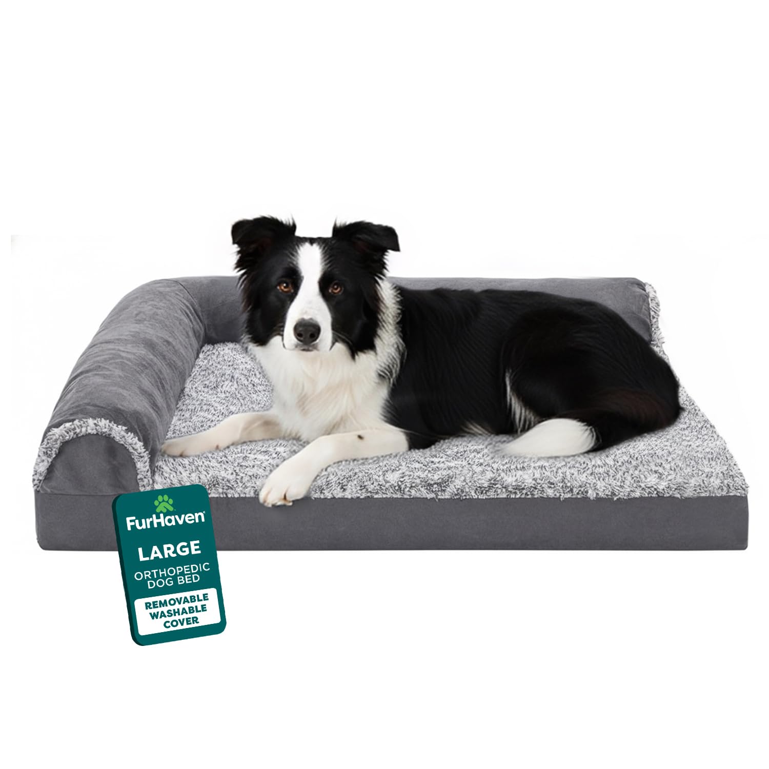 FurHaven Orthopedic Dog Bed for Large Dogs, L-Shaped Chaise Contour with Orthopedic Egg Crate & a Solid Orthopedic Foam Base for Joint Support, Washable Cover, Large, Faux Fur & Suede, Stone Gray