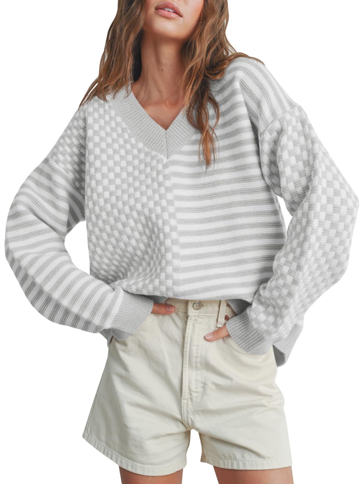 Saodimallsu Womens Checkered Striped Sweater V Neck Long Sleeve Fall Trendy Loose Knit Cozy Pullover Tops