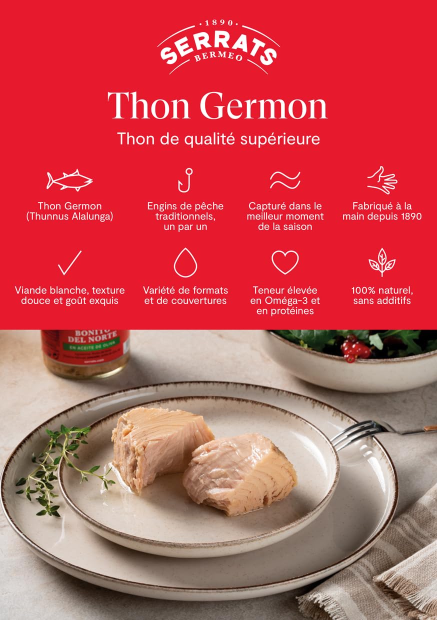 CONSERVAS SERRATS - Thon Germon de Cantabrique à l'Huile d'Olive - 12 Boîtes x 250g (Total : 3000g) - Fabrication Artisanale depuis 1890 - Sans Gluten - Riche en Oméga 3 – Premium