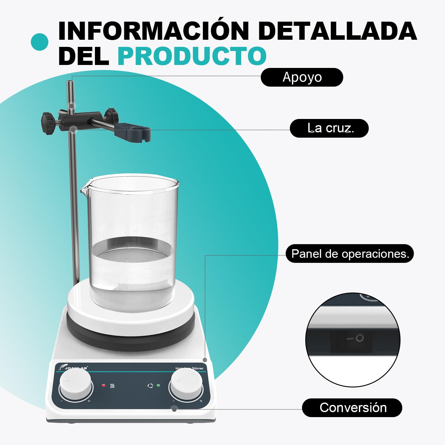 JOANLAB Agitador Magnético con Placa Calefactora, 5 Pulgadas, 260°C, 200-1500 rpm, Capacidad 3L, Funciones de Agitación y Calentamiento, Control de Perillas, Placa de Acero Inoxidable y Cerámica