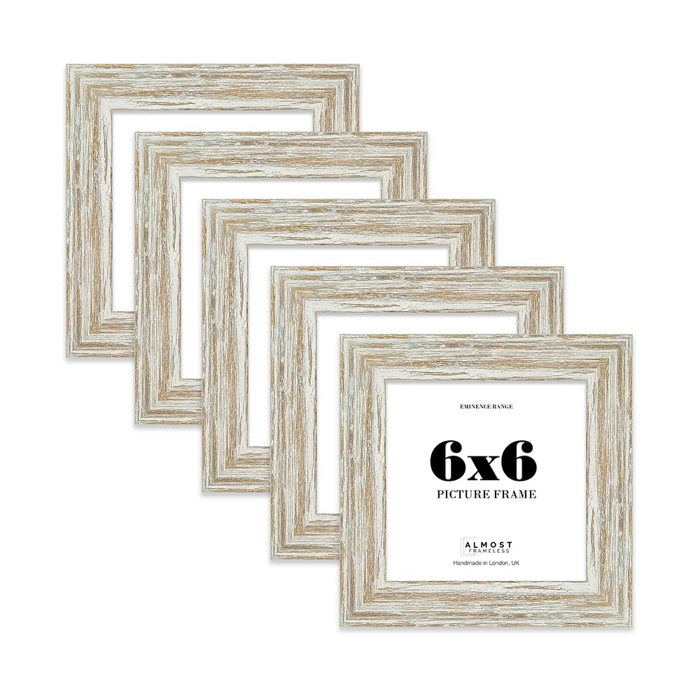 6x6" Distressed White Oak Picture Frame - Rustic Wood Industrial Effect Photo Frame for Wall Display, Ideal for Posters, Prints & Home Décor, Wall Hooks and Kickstand, 32mm Edge - 5 Pack