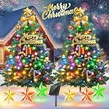 Outdoor Christmas Decorations: 2 Pack 30In Artificial Solar Christmas Tree Lights with 33 LED, 3 Star Stake Lights, 8 Modes Solar Christmas Lights Outdoor Waterproof for Yard, Pathway, Grave Decor