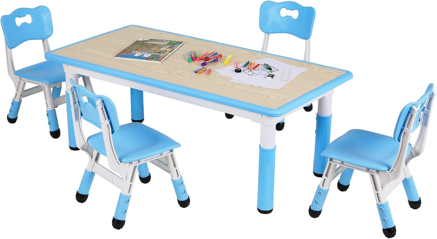 Clevich Kindertisch mit 4 Stühlen, Tisch Stuhl Set Höhenverstellbar,Kindertischgruppe für Kinderzimmer, Plastik Kindermöbel, Kindertisch und Stuhlset für Jungen Mädchen ab 2 Jahre (Blau)