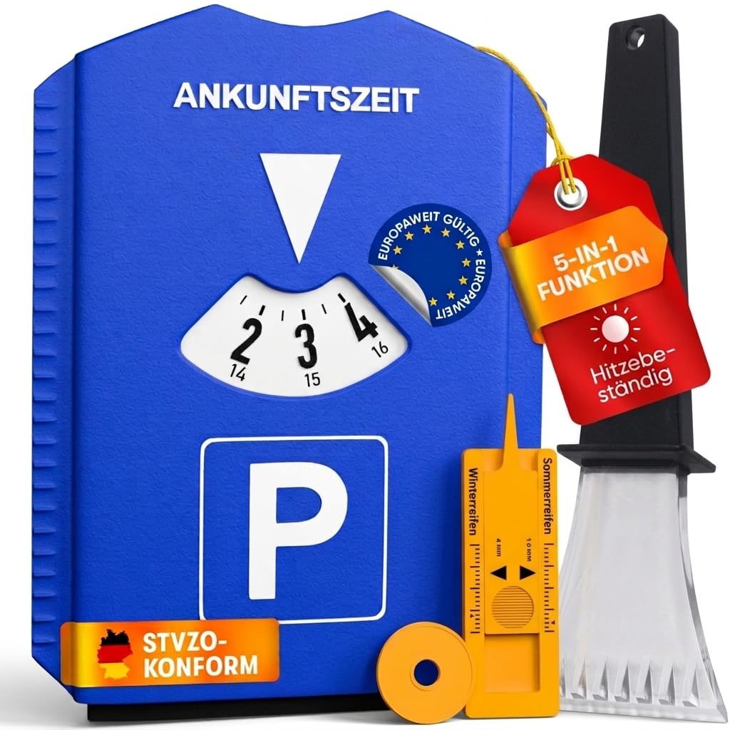 PURAHELP® 5-in-1 Parkscheibe + Eiskratzer - Inkl. Einkaufswagenchip, Reifenprofilmesser (StVO konform) - Parkuhr Auto und Motorrad - Parkkarte - Parking disc