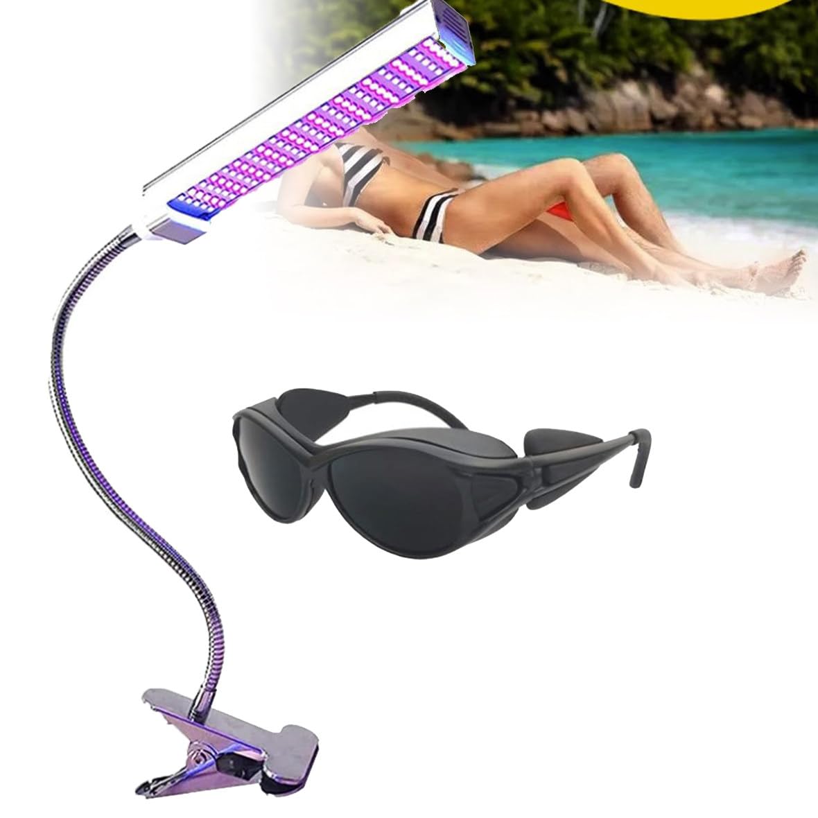 Lumière de bronzage UVA réglable à 360° - Zone d'irradiation 60 x 30 cm - Lampes de bronzage pour le visage - Base à clipser, design de synchronisation et lunettes - Machine de bronzage pour le visa