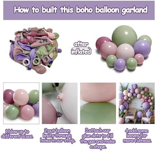 Miniatura 4 de Guirnalda de globos de color verde polvoriento, morado y rosa, doble relleno, color verde claro, rosa, lavanda, lila, kit de arco de globos de Verde