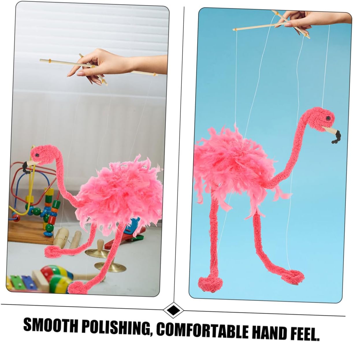 2pcs Plush Flamingo Marionette String Puppets Lightweight Animal with Sticks for Finger Exercise and Home Party Decoration