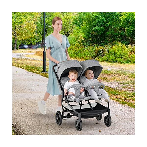 COSTWAY Geschwisterwagen klappbar, Zwillingswagen mit Verstellbarer Rückenlehne, Fußstütze & Baldachin, Reisebuggy mit Liegefunktion, Tragbarer Zwillingsbuggy für Baby bis 3 Jahre (Grau)