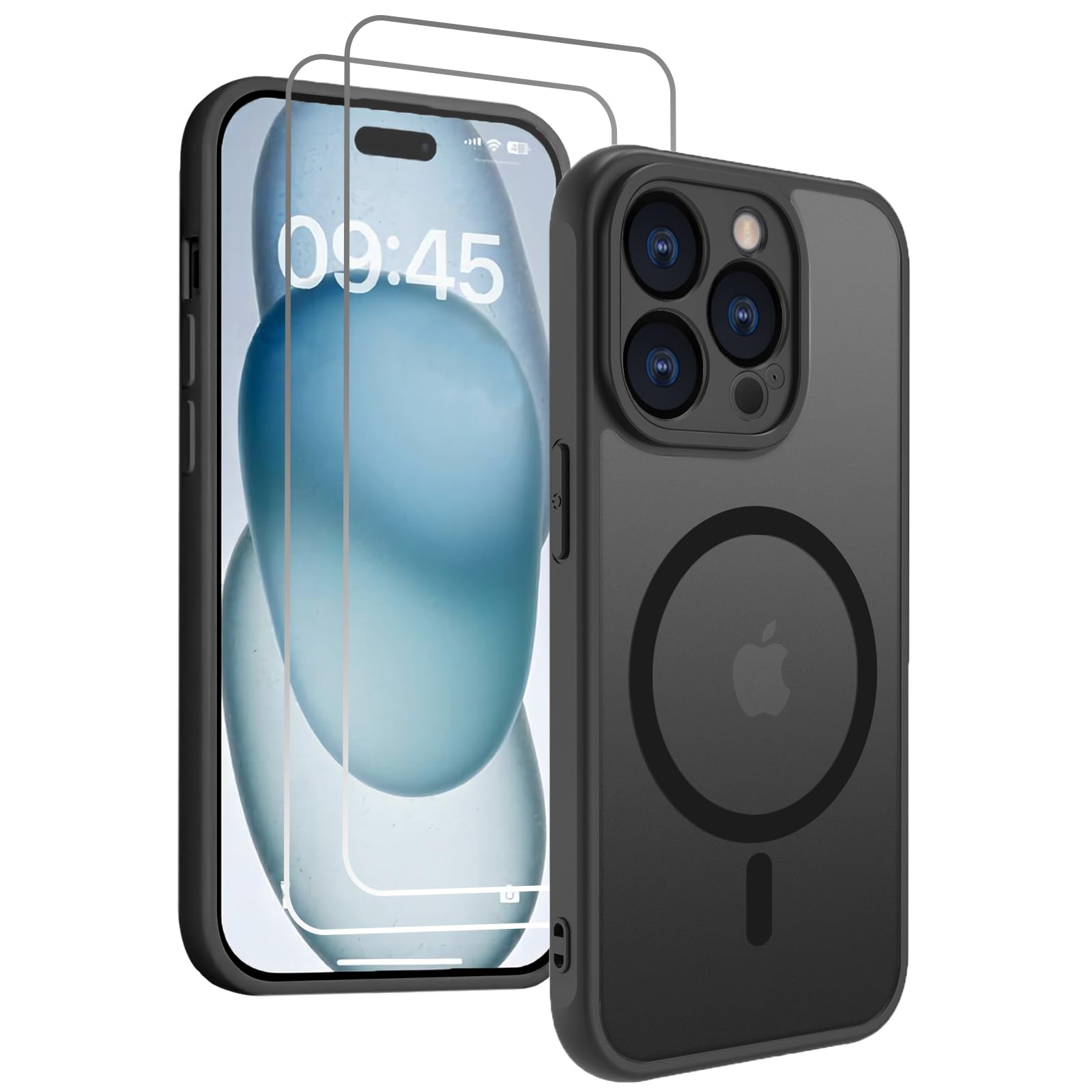 IVEOPPECase for iPhone 15 Pro Max, Compatible with MagSafe - 3-in-1 Set (1 Mobile Phone Case + 2 Protective Films), Translucent Matte Mobile Phone Case, Full Camera Protection, Shockproof,