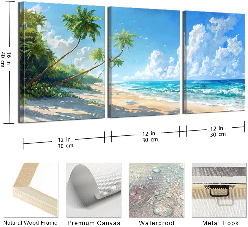 LUNGHANARTS Wall Art Ocean Waves Beach Coconut Tree Painting Coastal Scenery Modern Decor oil painting Canvas Prints for Living Room Bedroom Home and Office Wall Decor Set of 3 (Blue, 12INx16INx3)