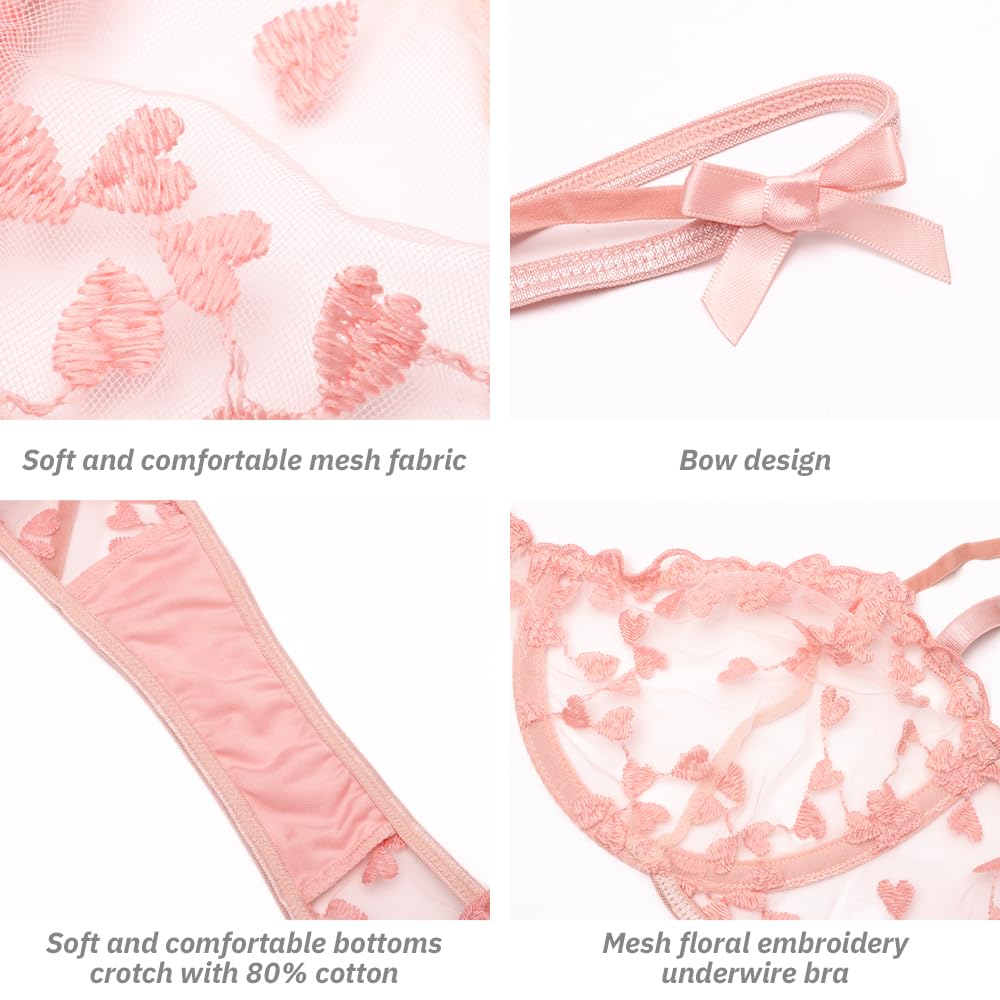 Conjunto de lencería Sexy de 2 Piezas para Mujer con Bordado Floral de corazón, Sujetador con Aros de Media Copa y Tanga, Sujetador Transparente de Malla para Mujer, Tanga a Juego, Bragas, Conjuntos