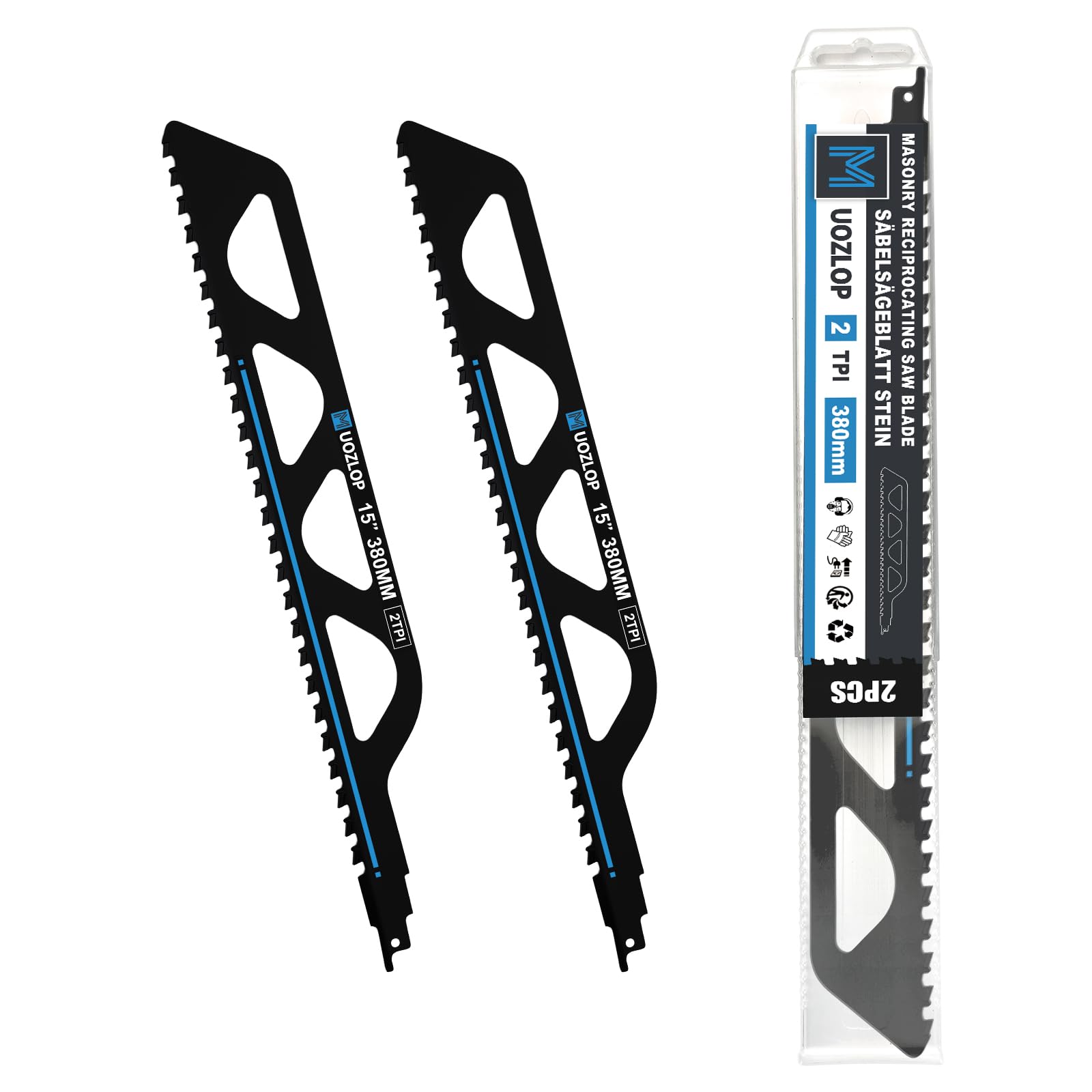 MUOZLOP 15 inch (380mm) Masonry Reciprocating Saw Blades,2TPI Carbide Saw Blade strong teeth for Cutting Brick, Cement Composite Panel,2Pack (2, 380mm/2TPI)
