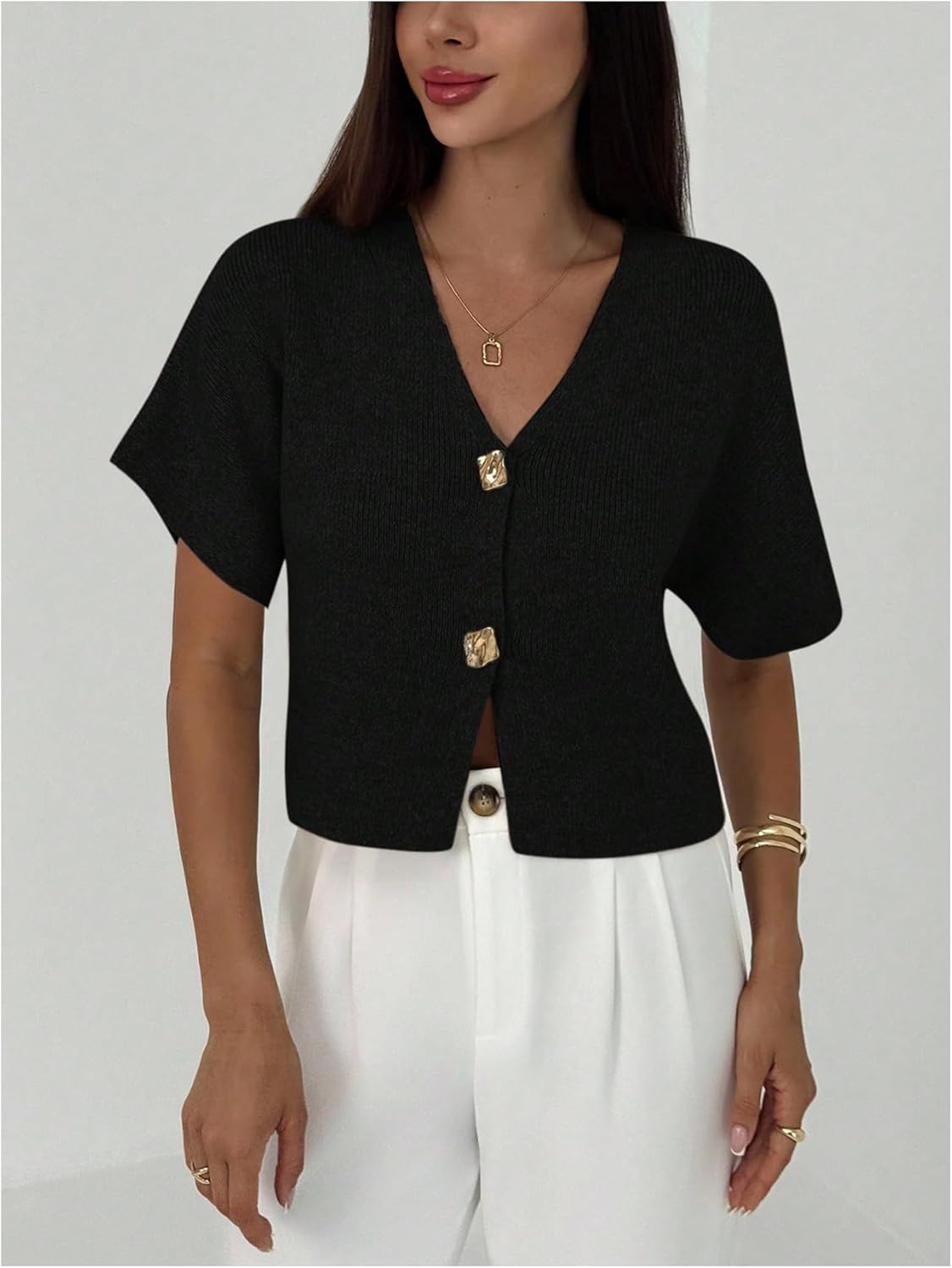 SOLY HUX Women's Short Sleeve Office Spring Winter Cardigan Sweater Button Down V Neck Slim Fit Elegant Knit Tops - Image 2