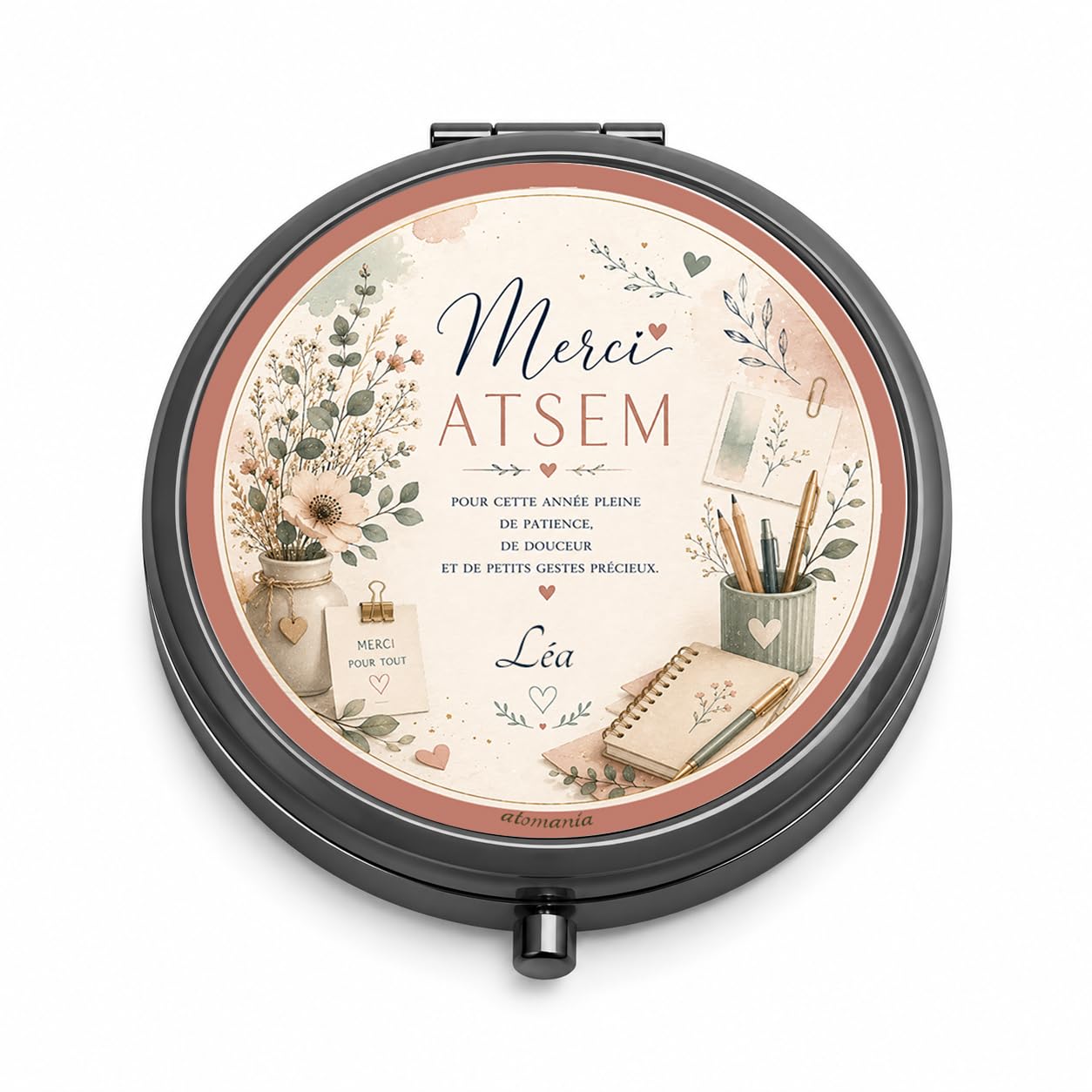 Miroir de Poche Merci ATSEM Personnalisé – Cadeau ATSEM Fin d'Année Scolaire avec Prénom – Cadeau Assistante Maternelle Élégant et Utile – Miroir Compact Femme