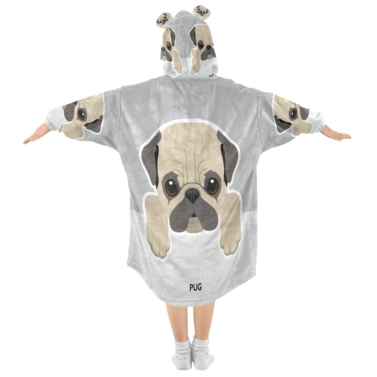 Cute Pug Puppy Dog Wearable Blanket Hoodie Kids Oversized Flannel Blanket Sweatshirt Boy Girl Gifts L