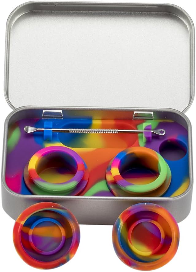 XIFEI portable stainless steel tin box 2-5ml silicone container jars，non-stick storage wax carrying case with extra stainless steel spoons (7 colors)