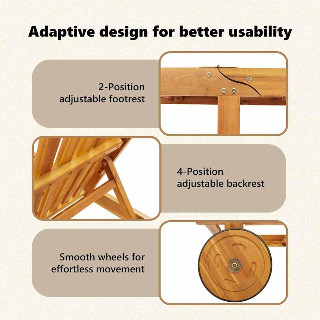 vidaXL Lettino Soleggiato Regolabile con Ruote in Legno di Acacia Marrone e Beige, Resistente alle Intemperie, Perfetto per Uso Esterno, Confortevole per Giardino e Patio, Capacità per 1 Persona, Re