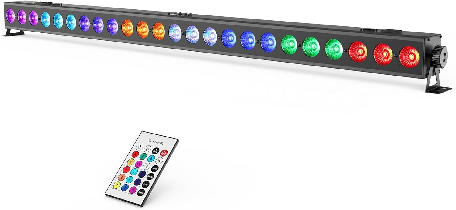 24LEDs Stage Wash Light Bar: RGB+Amber 4IN1 Color Chasing DMX Light Bar - Sound Activated Remote Control for DJ Planner - Wall Wash Uplights for Events Music Gig Church Wedding Party Band Performance