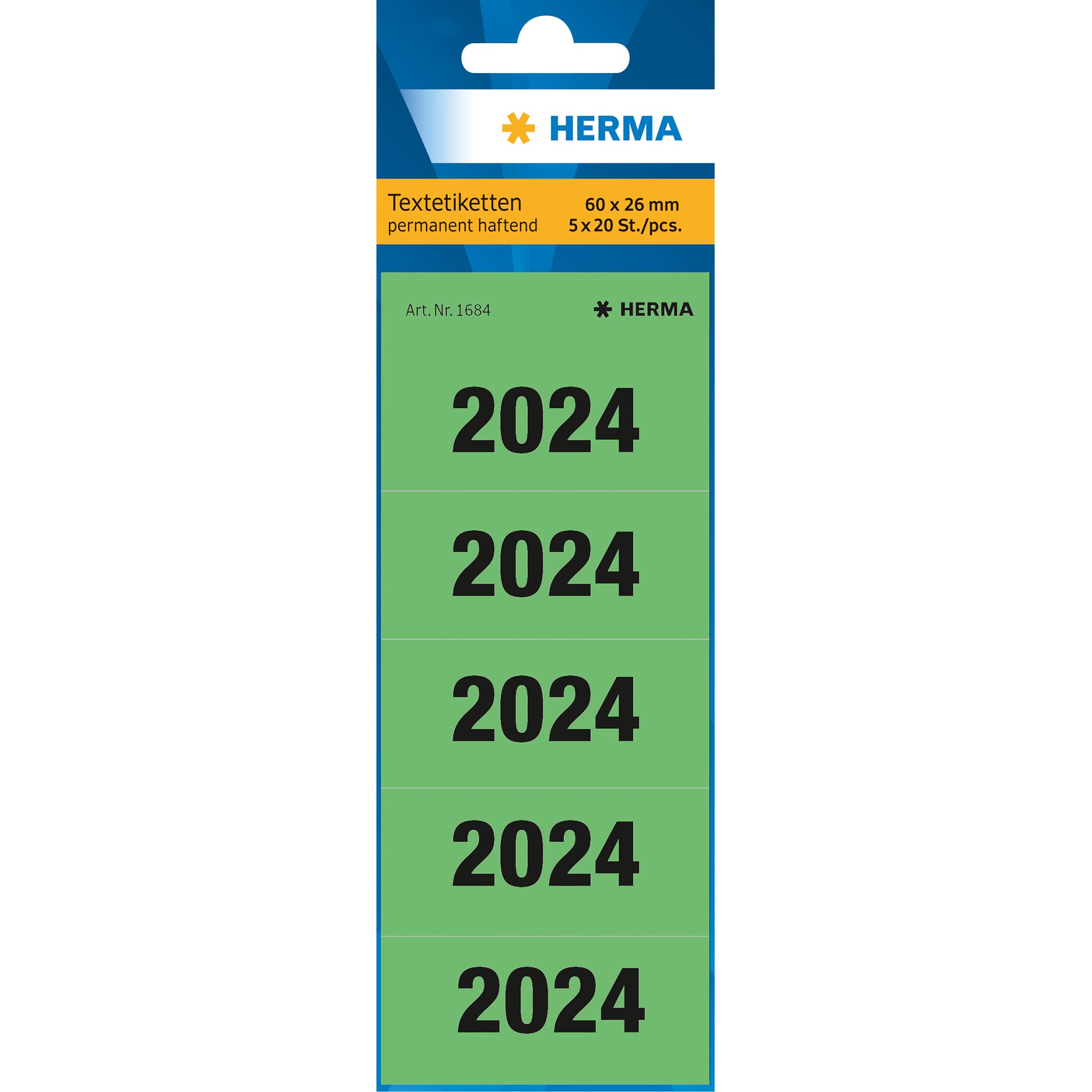 HERMA Year Number Stickers 2024 for Folders, 100 Labels, 60 x 26 mm, 5 Labels per Sheet, Self Adhesive Stickers for Lever Arch Files, Sticky Opaque Coloured Sticker, Green