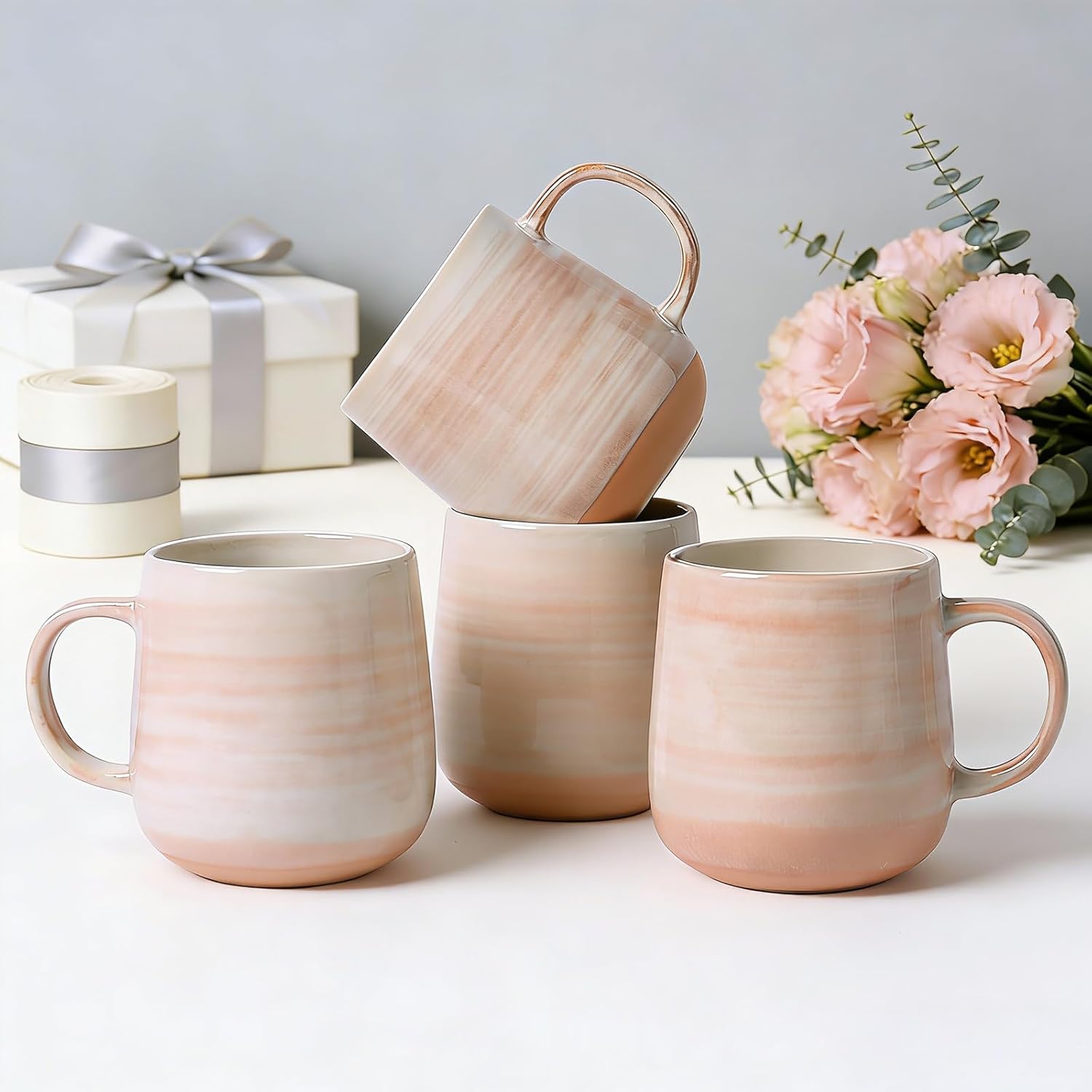 Coffee Mugs, Set of 4, Light Orange Ceramic Coffee Cups with Elegant Texture & Comfortable Handle, 12oz Stoneware Mugs - Dishwasher & Microwave Safe, Design for Home, Office, Cafe