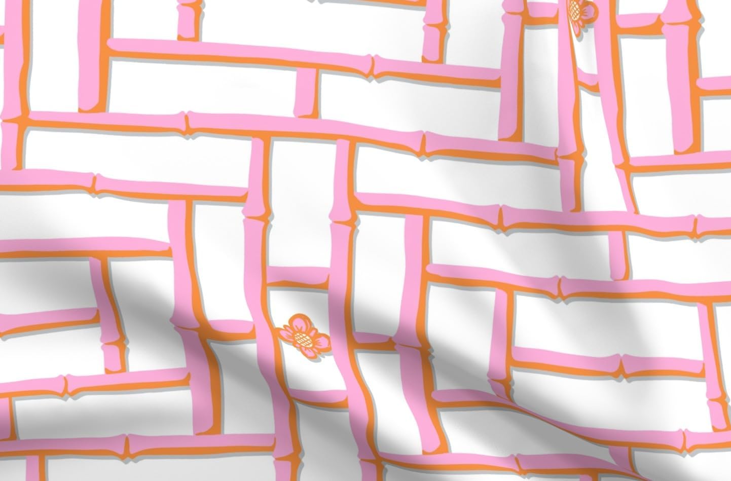 Spoonflower Fabric - Pink Chinoiserie and Orange Preppy Retro Traditional Palm Springs Printed on Denim Fabric Fat Quarter - Bottomweight Apparel Home Decor Upholstery