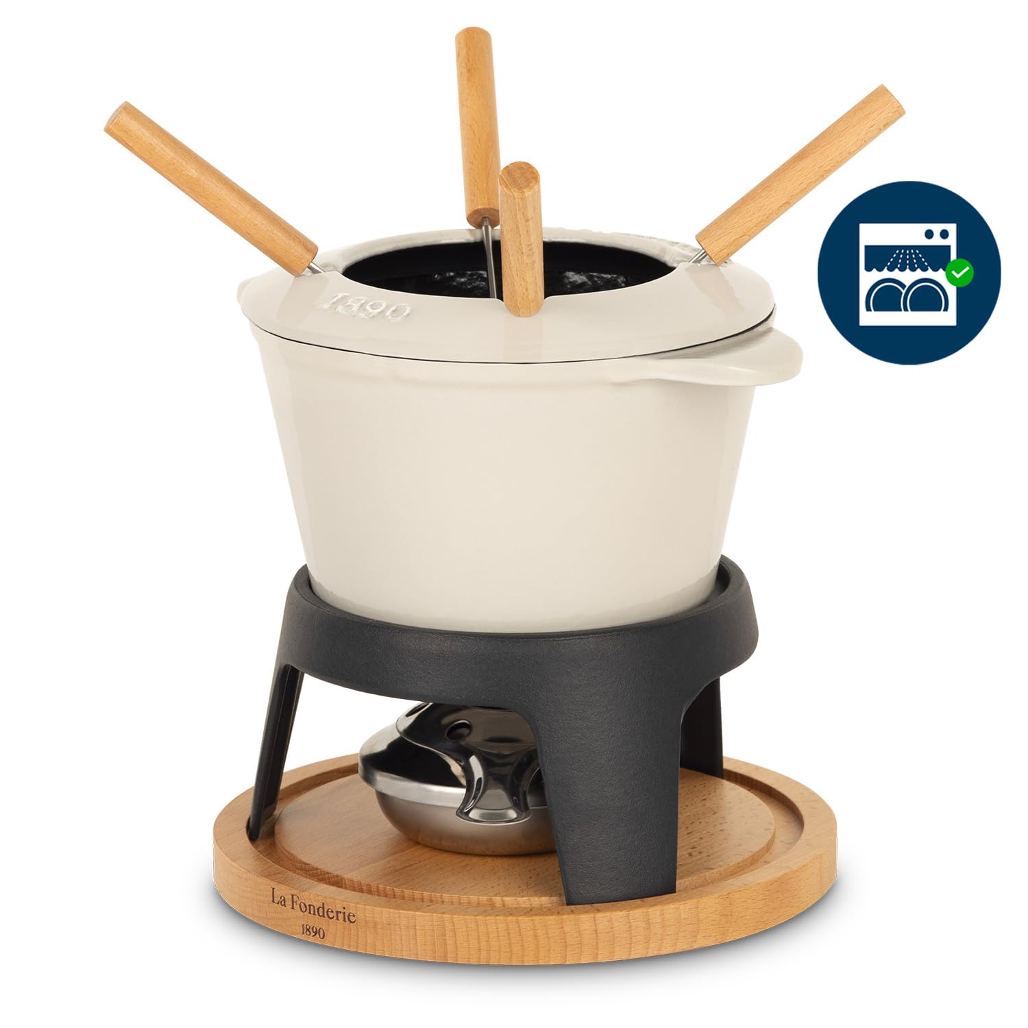 Fondue de Hierro Fundido para 4 Personas Mont Joly, para Fondue de Queso y Chocolate, Tapa antisalpicaduras, 4 Tenedores con Mangas de Madera de Haya, Capacidad de 1,2 l