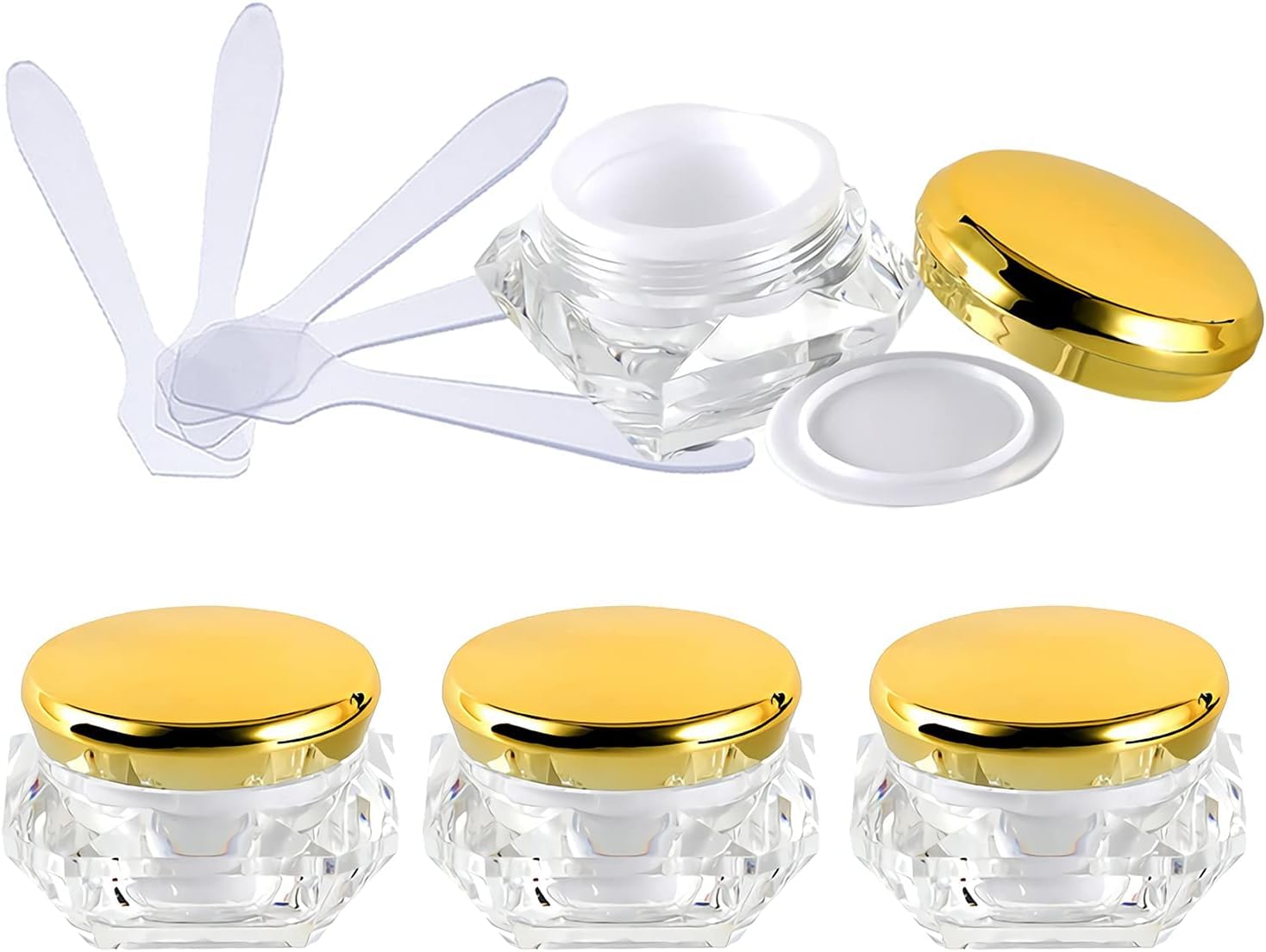 FLYIODFCXV cosmetic jar, Pack of 4, Empty 10 ml Transparent Acrylic Diamond Shape Cosmetic Container with Pink Lids + x Spoon(Gold,0.3 Ounces)