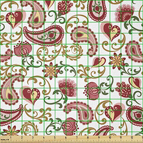 Image of Ambesonne Paisley Fabric by The Yard, Style Rose and Swirled Floret Buds Bohemian Lady Feminine Art Print, Stretch Knit Fabric for Clothing Sewing and Arts Crafts, 2 Yards, Red and Pale Pink