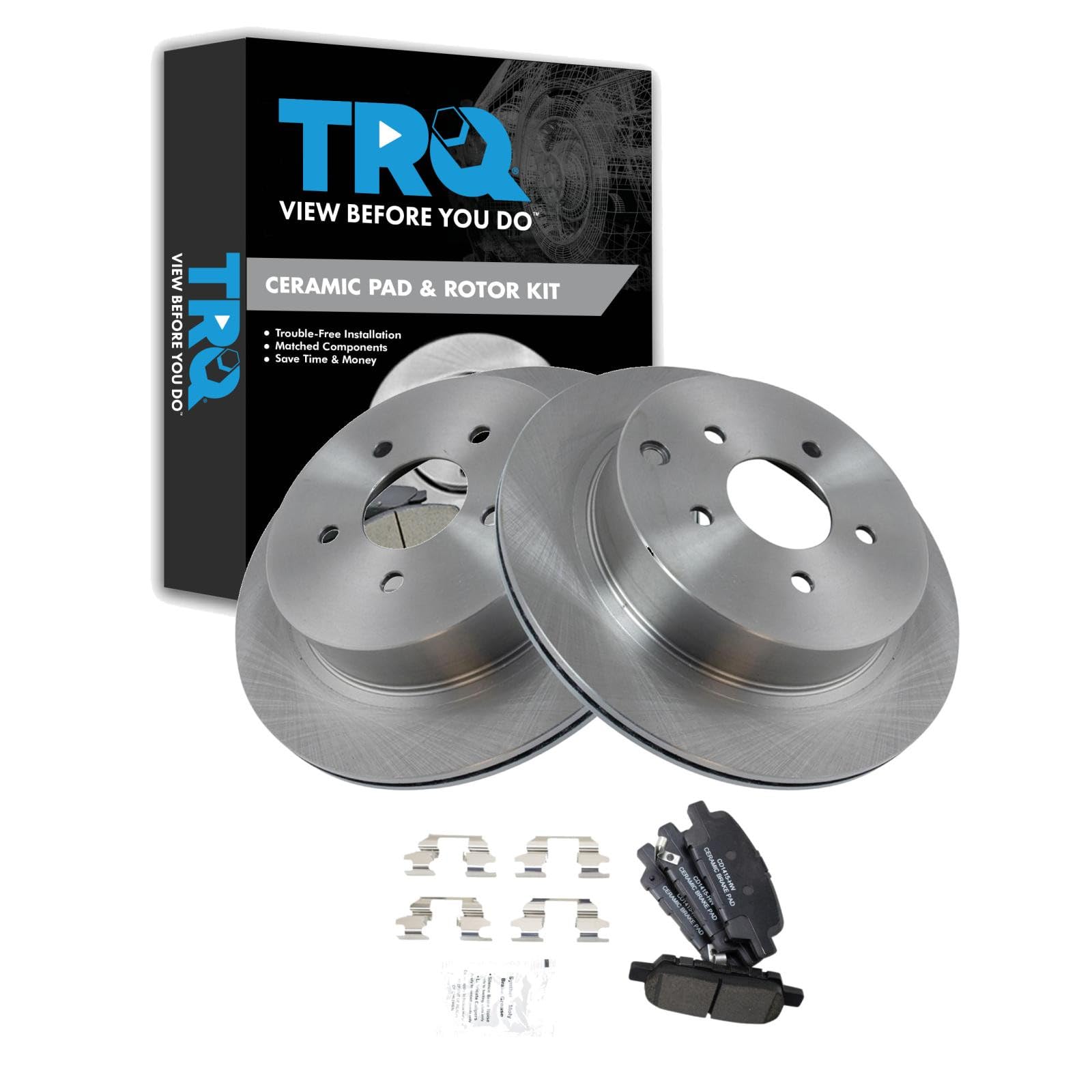 TRQ Rear Brake Pad and Rotor Set Ceramic Compatible with 2003-2008 Infiniti FX35 FX45 2011-2013 M37 M56 2014-2017 Q50 2015-2017 Q70 QX60 2003-2017 Nissan Murano 2013-2017 Pathfinder 2004-2016 Quest