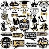Julyshy 36pcs Prom Photo Booth Props, Prom Decorations for Party 2025, Prom Send Off Decorations 2025, Prom 2025 Decorations Selfie Prom Photo Props, Black and Silver Prom Decorations for Home