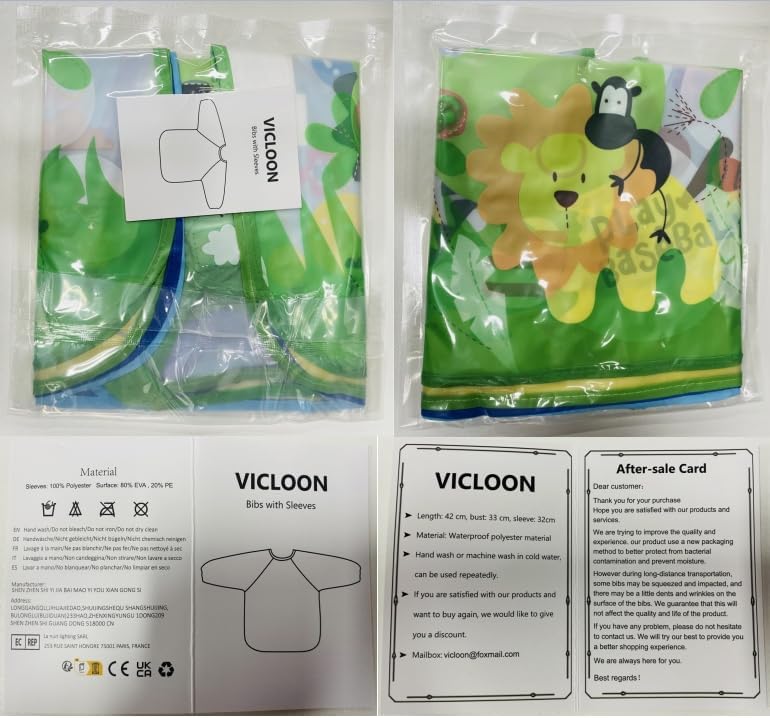 Vicloon Śliniaczek, 3 szt. wodoodporny śliniaczek dla niemowląt z rękawami, nadruk z kreskówki, długi śliniaczek z rękawami, fartuch do jedzenia i zabawy dla dzieci w wieku