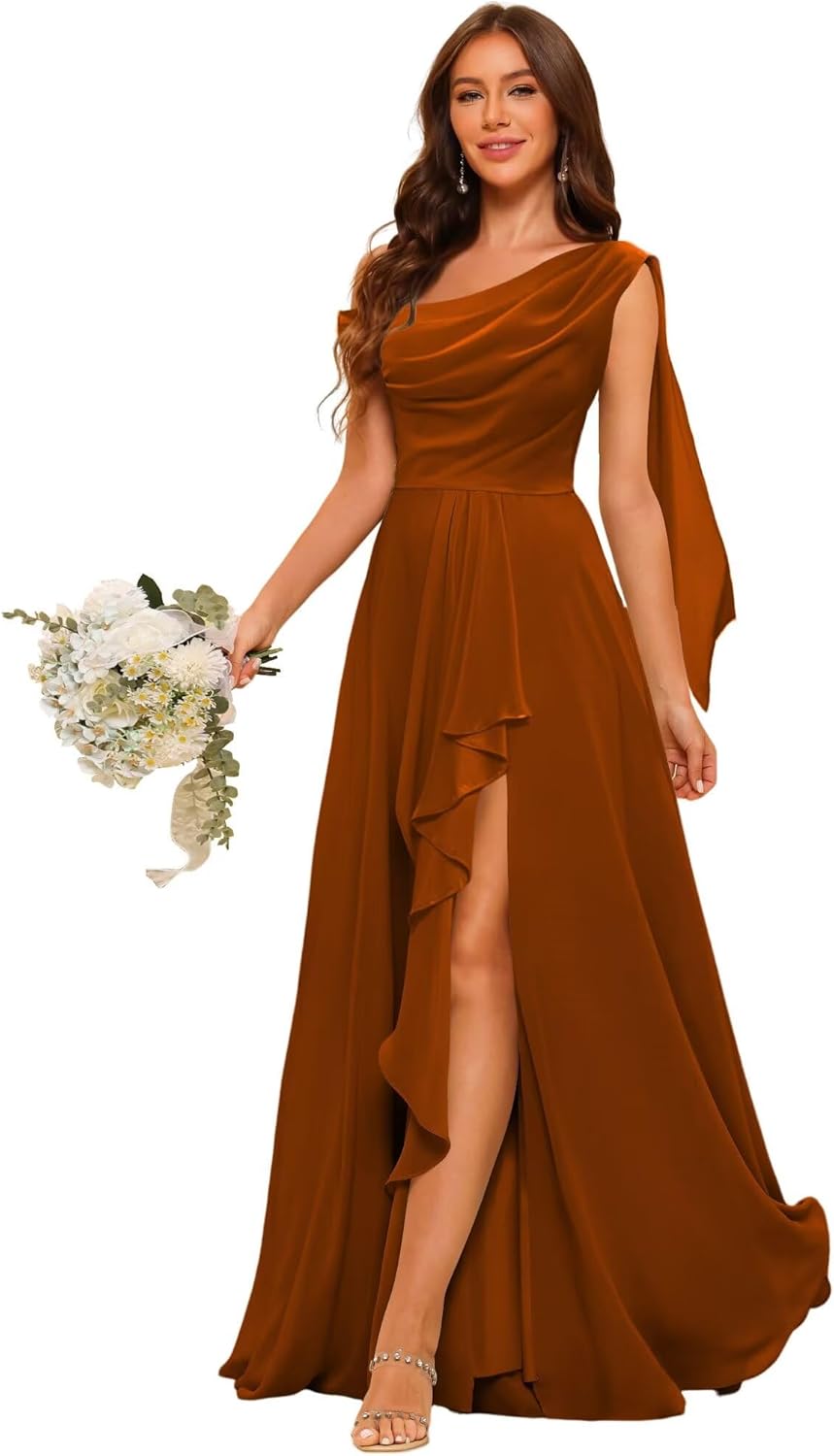 One Shoulder Bridesmaid Dresses with Slit Chiffon Ruffles Aline Formal Evening Gowns ZU105