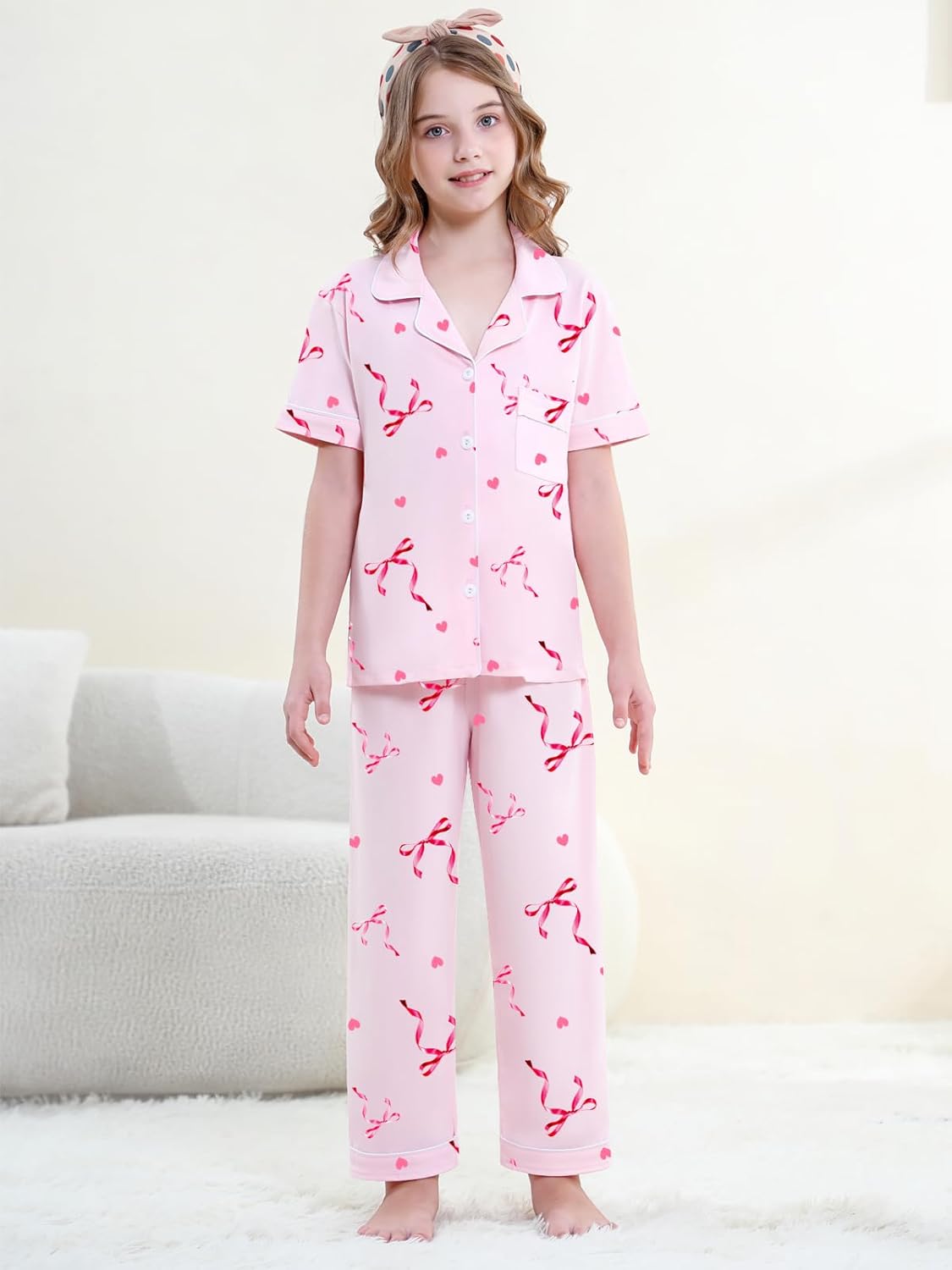 QZH.DUAO Girls 100% Cotton 3pcs Pajama Sets Button Down Short Sleeve Long Pants With Shorts Sleepwear for Ages 5-14 - Image 4
