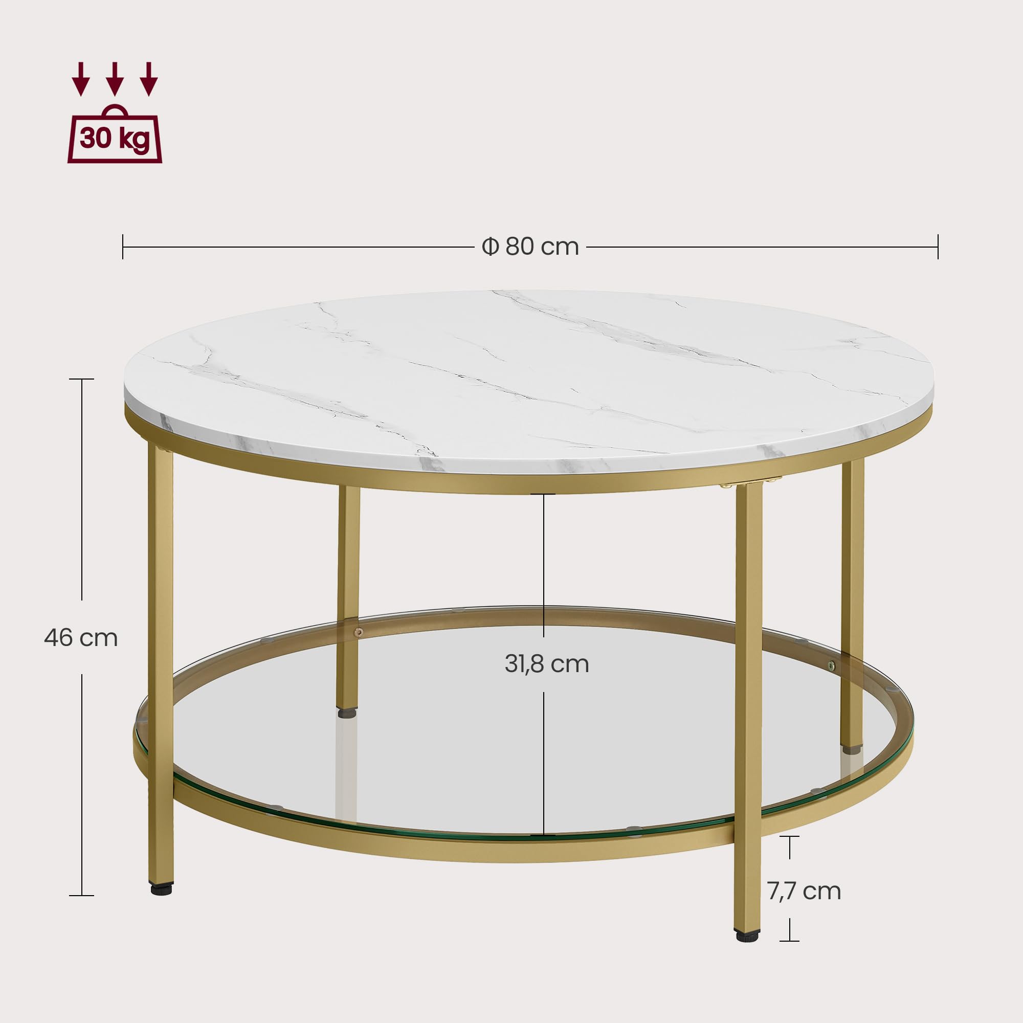 VASAGLE Table Basse, Table de Salon, Façon Marbre, Support en Verre Trempé, Facile à Assembler, Style Moderne, Blanc Marbré et Doré Métallique LCT071W59
